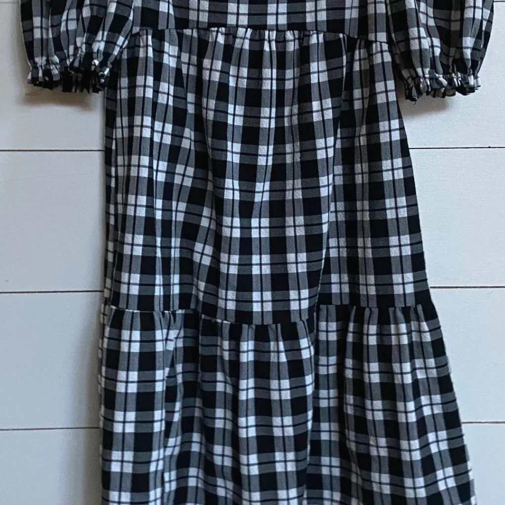 H&M Divided Black White Plaid Checkered Seersucker Puff Sleeve Mini Dress XS - Image 7