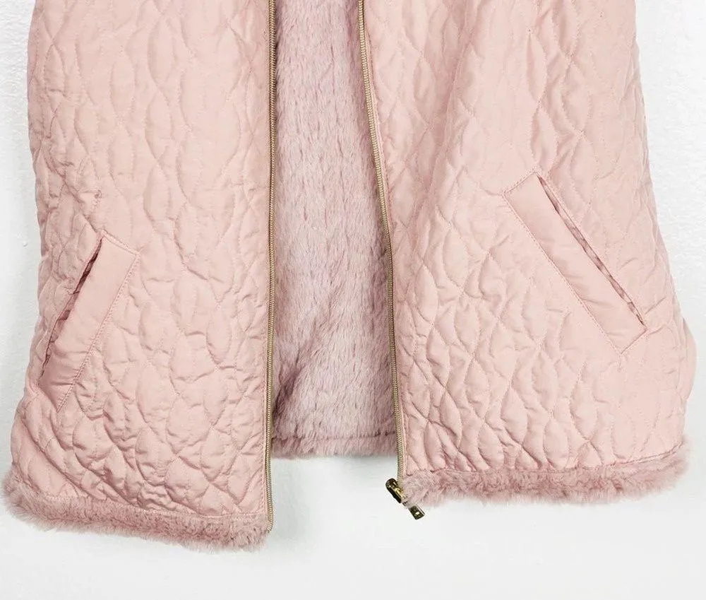 TEEZ HER Pink Reversible Faux Fur Puffer Quilted Full Zipper Vest, Size Medium - Image 9