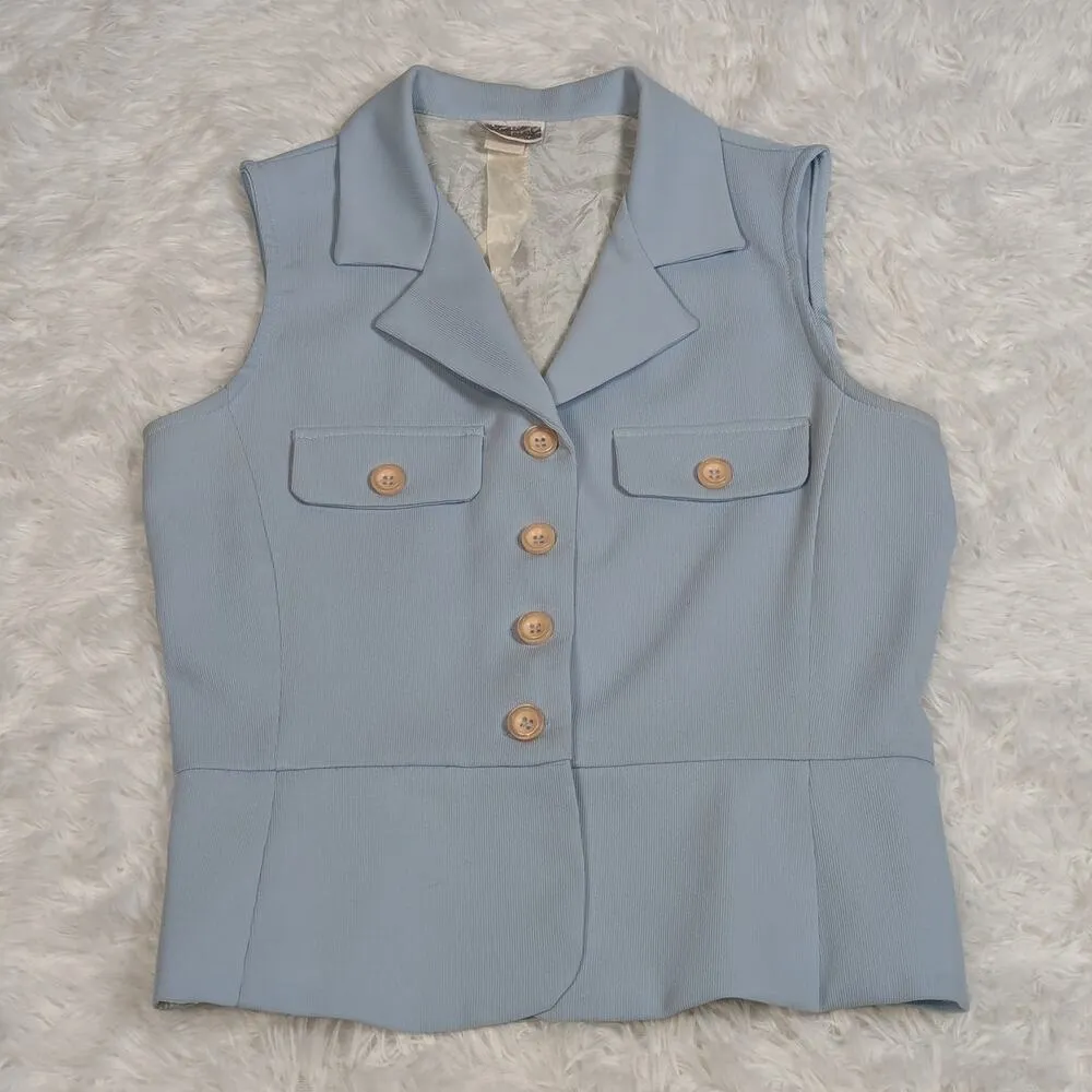 90s Mystic Collared Button Front Vest Peplum Waist Light Blue Size Large - Image 2