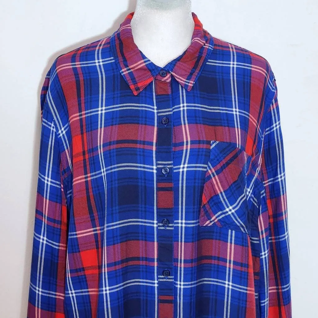 Como Vintage Navy and Red Plaid Button Down Shirt Size Large Preppy Plaid Shirt - Image 3