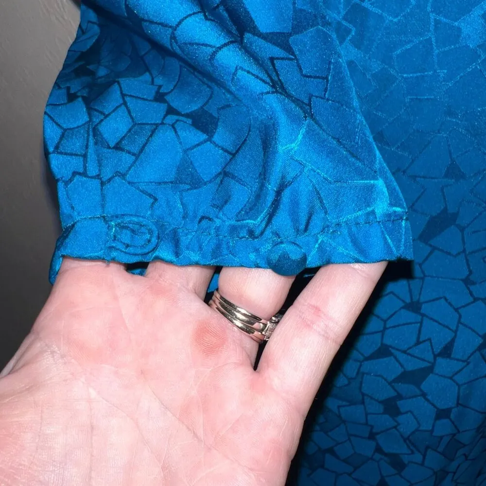 Vintage 1980s Argenti Petites 100% Silk Midi Dress Long Sleeve Teal Geo Size 6 Blue - Image 6