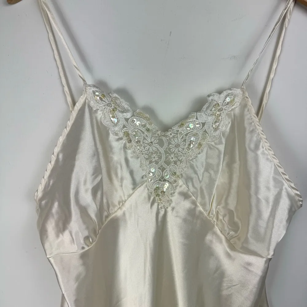 Vtg Y2K Cinema Etoile Satin Slip Cami Tank Embellished Lace Sz Large White - Image 3