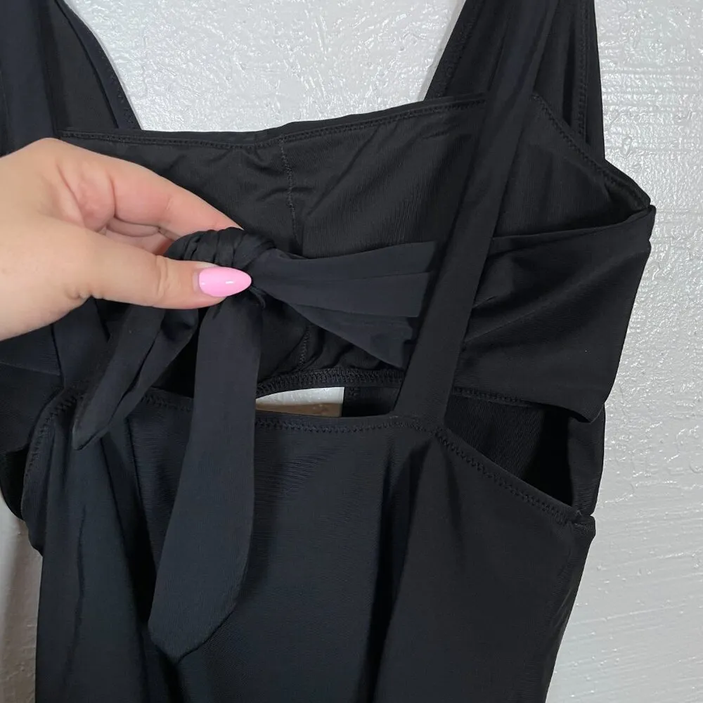 Aerie Women M Black Layered One Piece Swimsuit Bandeau Deep V-Neck Full Coverage - Image 8