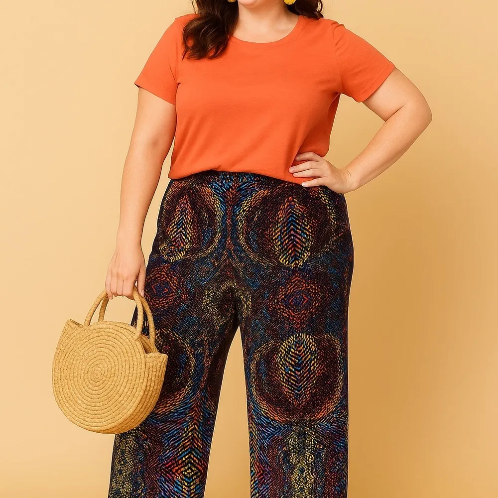 Bohemian Officecore 2X Plus Size Women Wide Leg Pull On Pants Colorful Print - Image 3