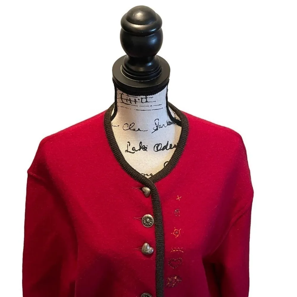 GEIGER of Austria Wool Sweater Jacket Cardigan Ruby Red Size Large Hearts Stars - Image 2