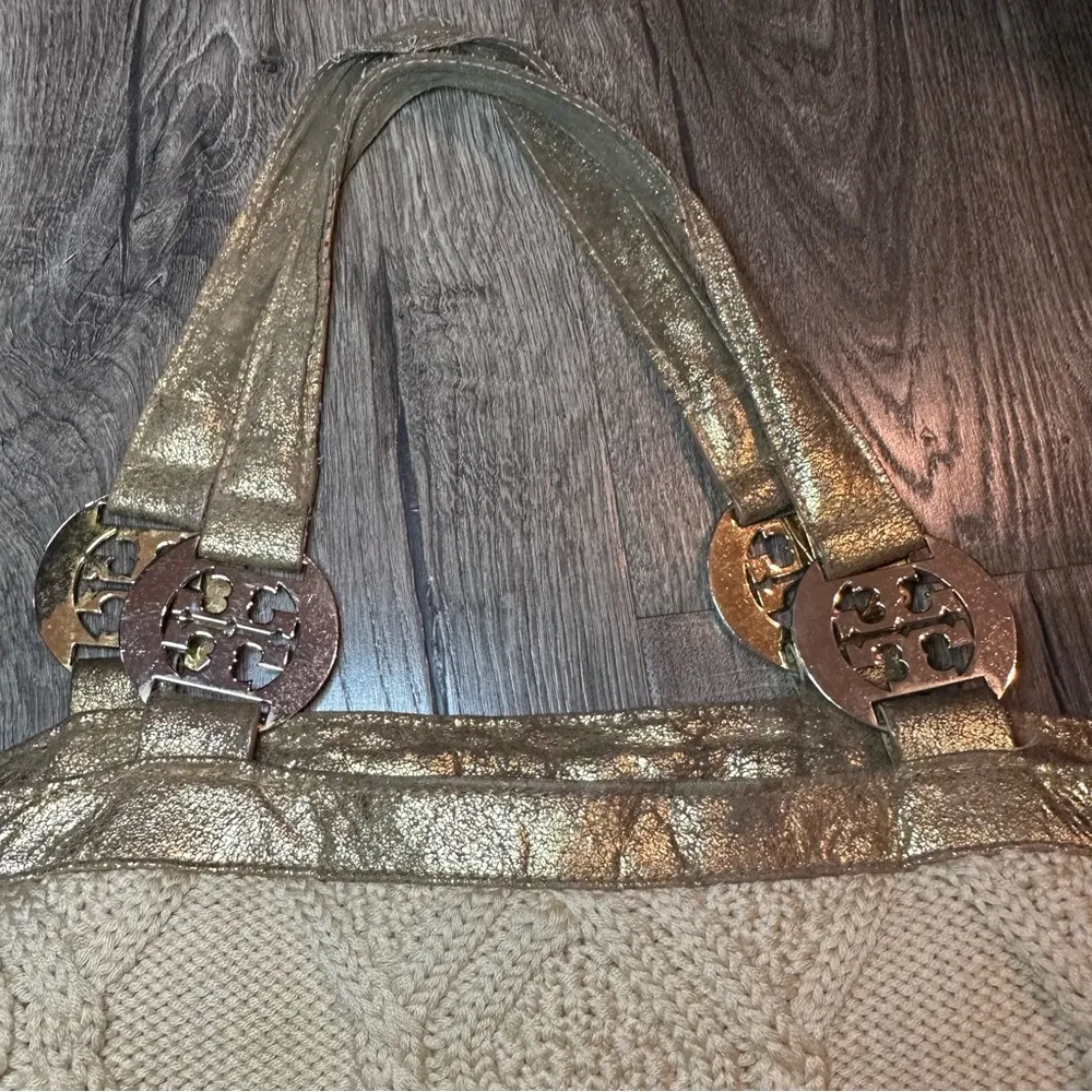 TORY BURCH Tote Bag Cable Knit METALLIC GOLD TRIM Wool Silk Lining Horse READ! - Image 15