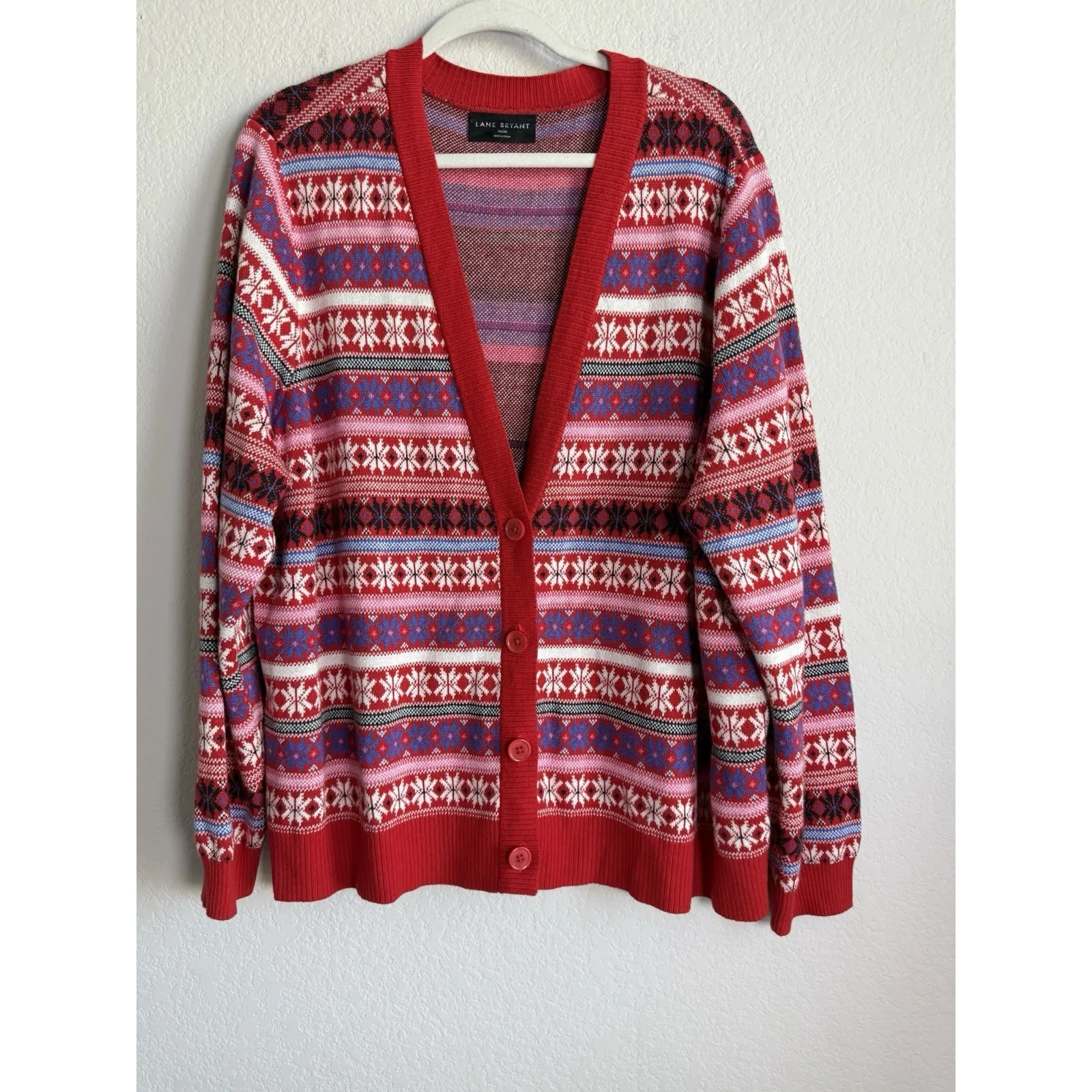 Lane Bryant Womens Cardigan‎ Plus 26 Red Fair Isle Snowflake Cottagecore Holiday - Image 12