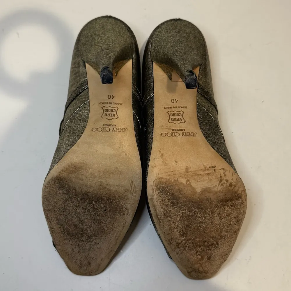 Jimmy Choo Crinkle Metallic Gunmetal Silver Sexy Mary Jane Peep Toe Heels EU 40 - Image 11