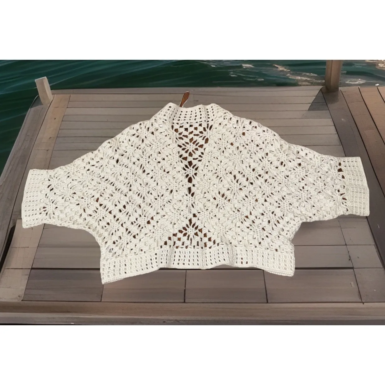 a.n.a Women's 1X Cream‎ Crochet Knit Open Front Cardigan Shrug Sweater Top fairy - Image 6