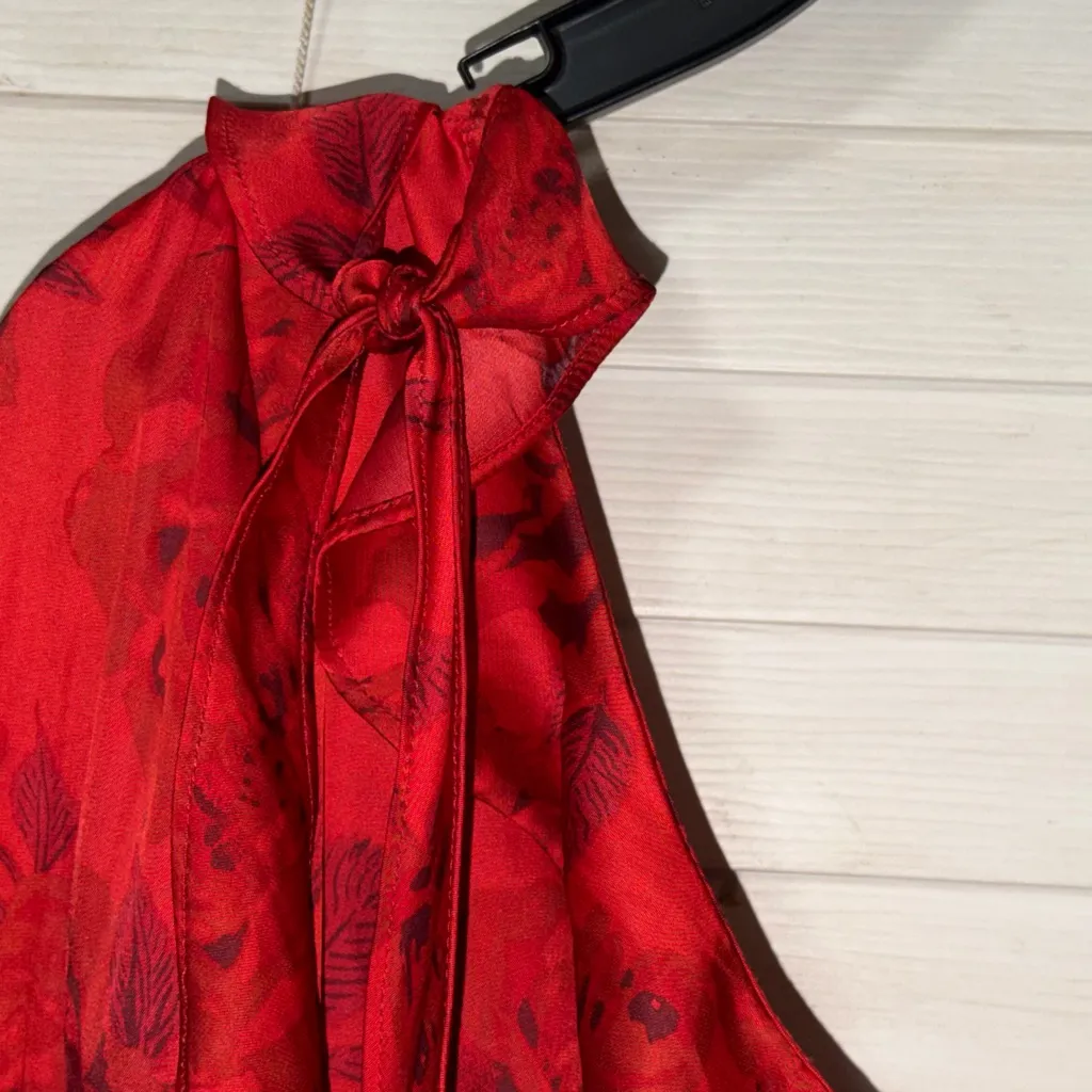 Free People These Nights Red Blouse with Floral  Detail One Shoulder Ruffle trim - Image 7