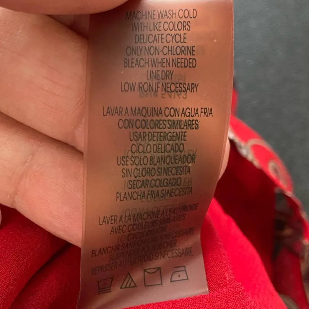 Calvin Klein Blouse Women XS Red Paisley Long Sleeve Mock V Neck Button Front - Image 6