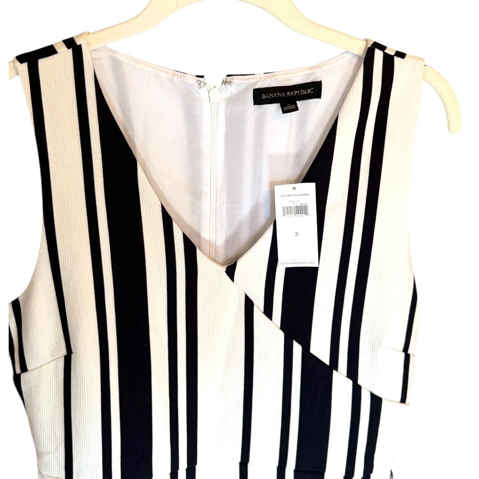 Banana Republic Stripe Knit Dress Sleeveless‎ Navy White Faux Wrap Midi Size 2 - Image 5