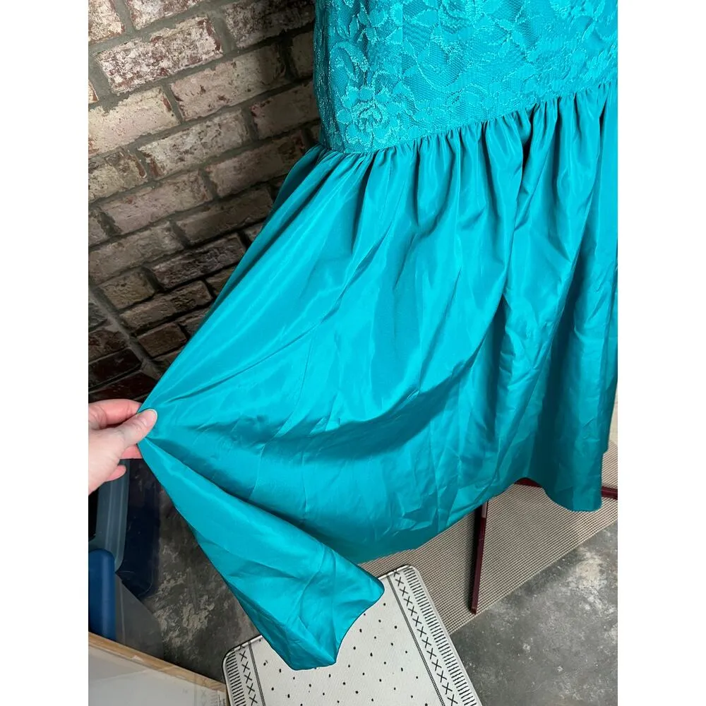formal 1980s dress prom drop waist teal short sleeves lace Green - Image 4
