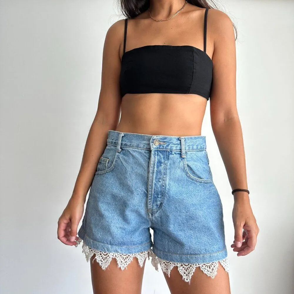 Vintage Denim Shorts with lace trim Waist 31'' USA made Blue - Image 2