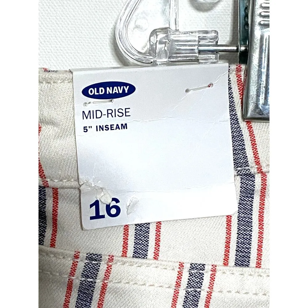 Old Navy Denim Shorts Button Fly Red White Blue Striped Cuffed Womens 18 NWT 5" - Image 5
