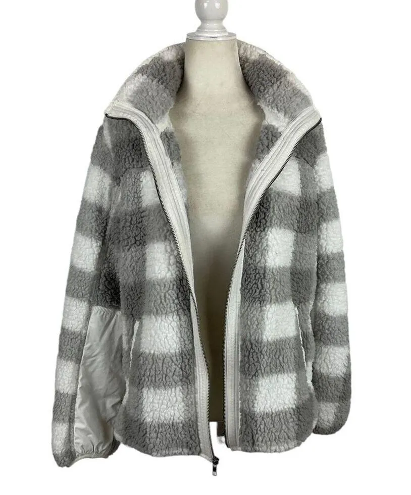A&F Sherpa Check Fleece Plaid Full Zip Jacket Coat Gray and White Size Medium - Image 13