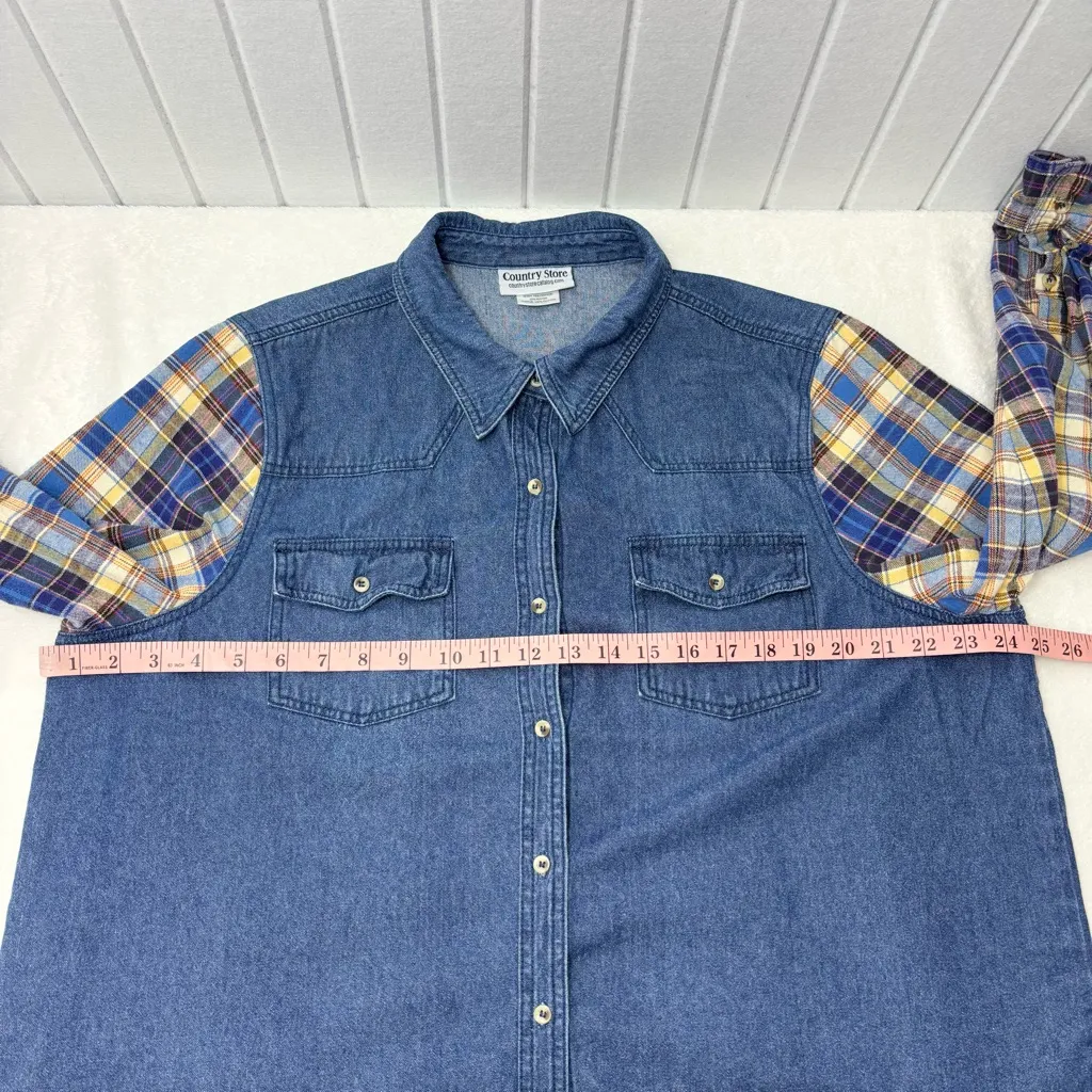 Country Store Cotton blend Denim Shirt with Plaid Sleeves Size 1X Blue - Image 4