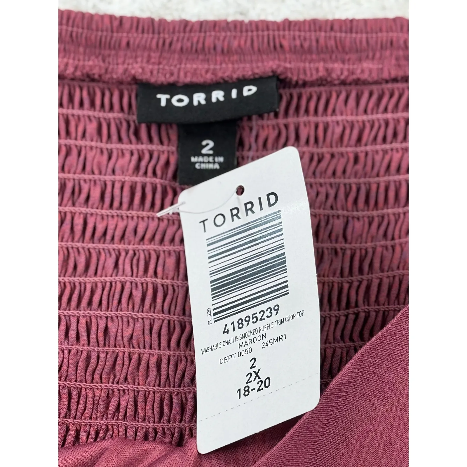 Torrid Maroon Smocked Ruffle Trim Crop Top Plus Size 2X 18-20 - Image 5