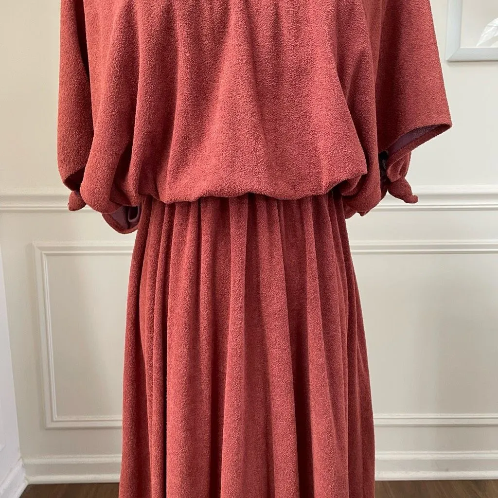 Vintage 70s Patty O’Neil Rusty Brown Blouson Midi Dress XS - Image 4