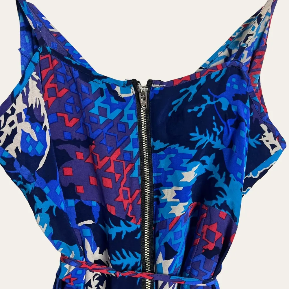 Yumi Kim Blue Silk Abstract Print V-Neck Faux Wrap Cocktail Dress Size Small - Image 6