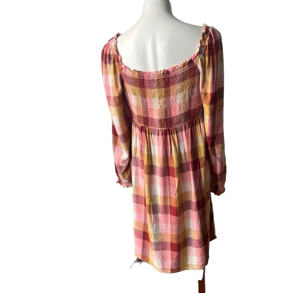 Loft Plaid Square Neck Babydoll Dress Strawberry Blossom, Sz S - Image 7