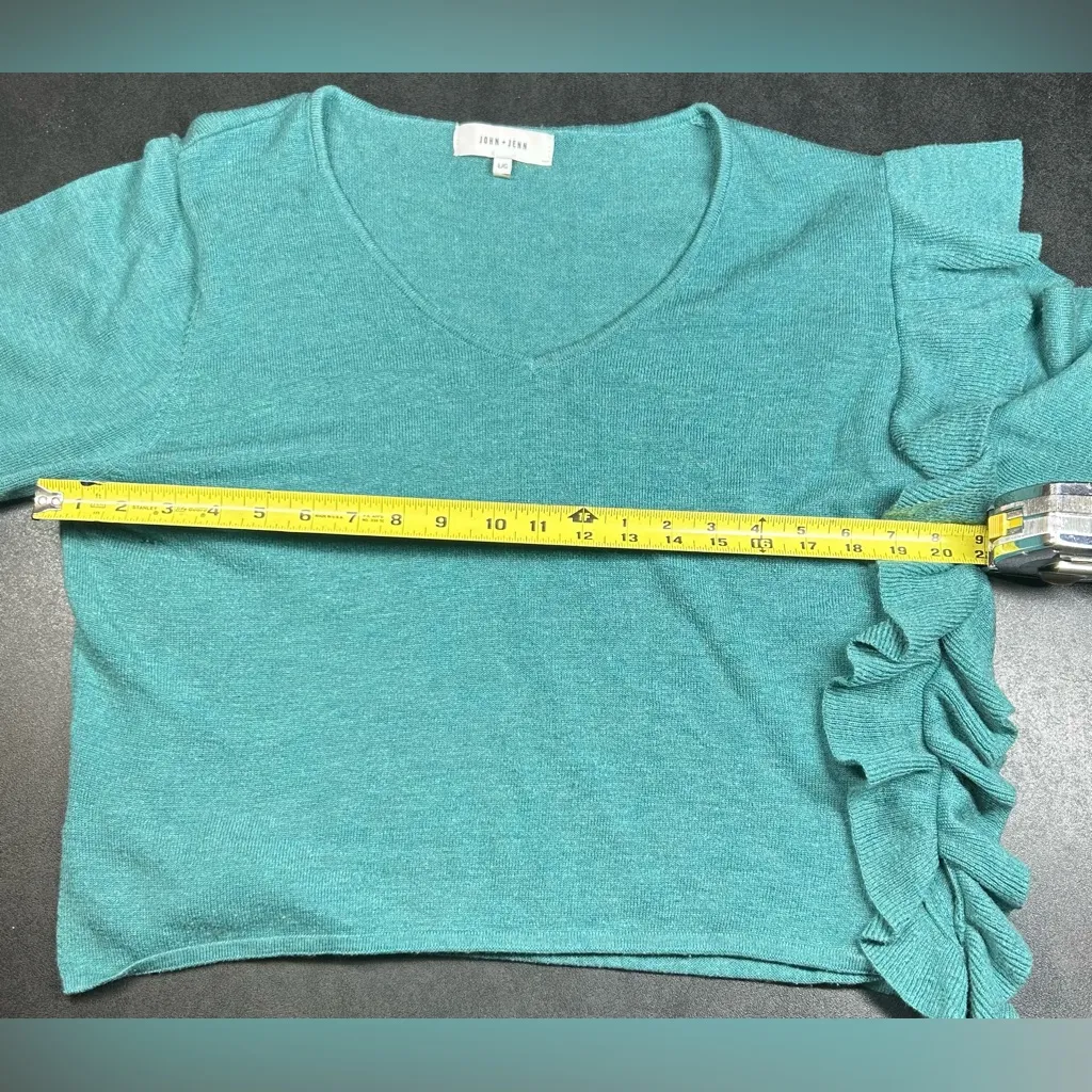 Anthropologie John + Jenn Size L Wool Ruffle Fine Gauge Knit Teal Sweater - Image 4