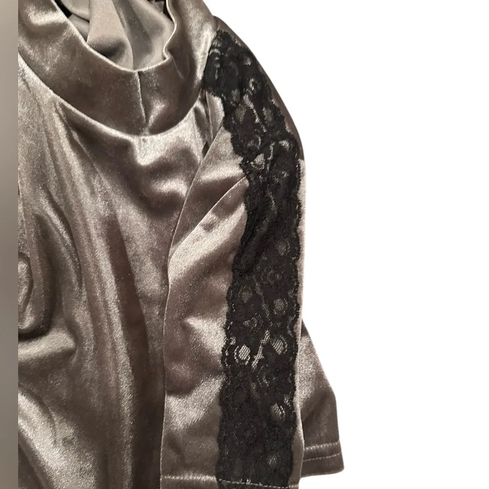 ZARA TRAFALUC GRAY VELOUR BLACK LACE MOCK NECK PULLOVER SHORT SLEEVE TOP S - Image 5