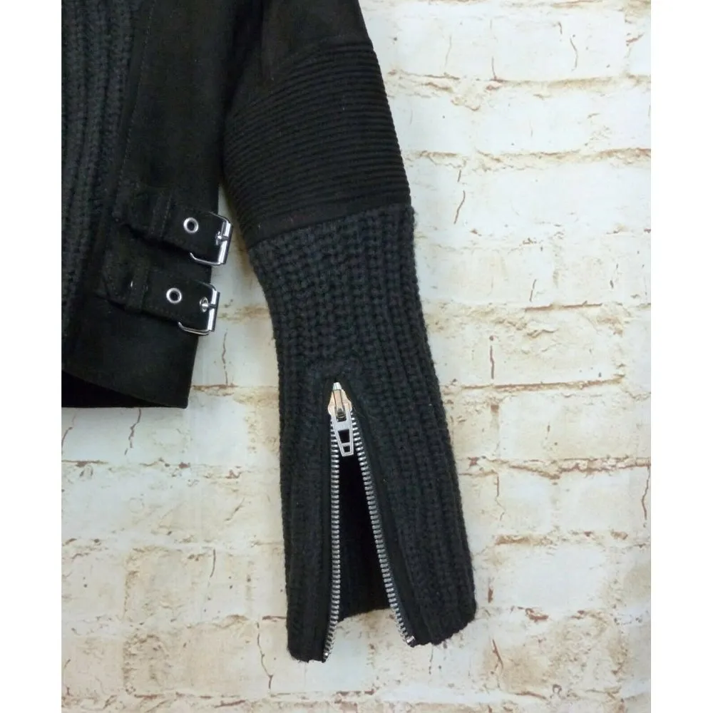 Blank NYC  Moto Jacket Womens XS Black Faux Suede Real Leather Cable Knit Mixed - Image 9
