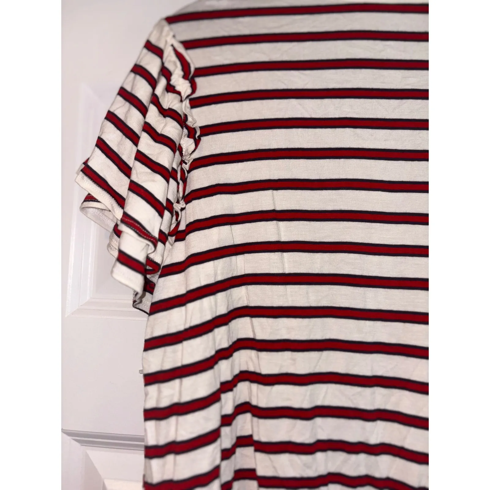 Green Envelope Striped Tee Ruffle Sleeve Casual Top Red White Stripes M‎ Size M - Image 4