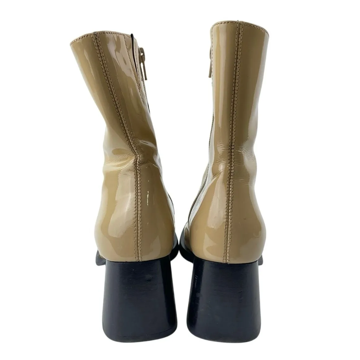 E8 by Miista Beige Patent Leather Block Heel Square Toe Zip Up Ankle Boots 7.5 - Image 3