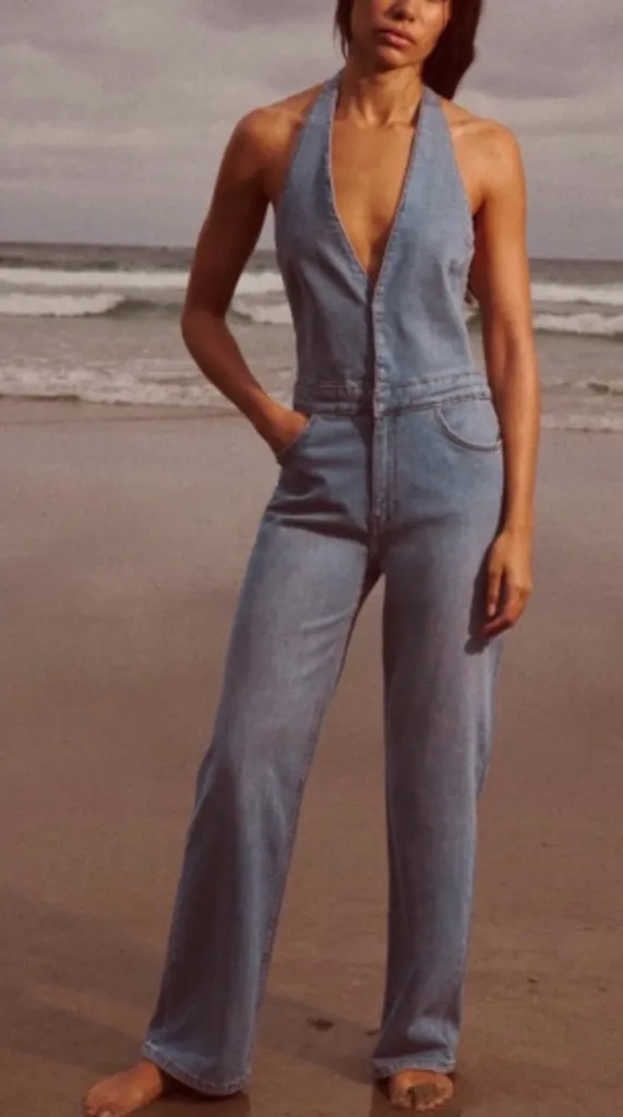 Zara Halter Denim Light Blue Straight Leg Jumpsuit SMALL - Image 2