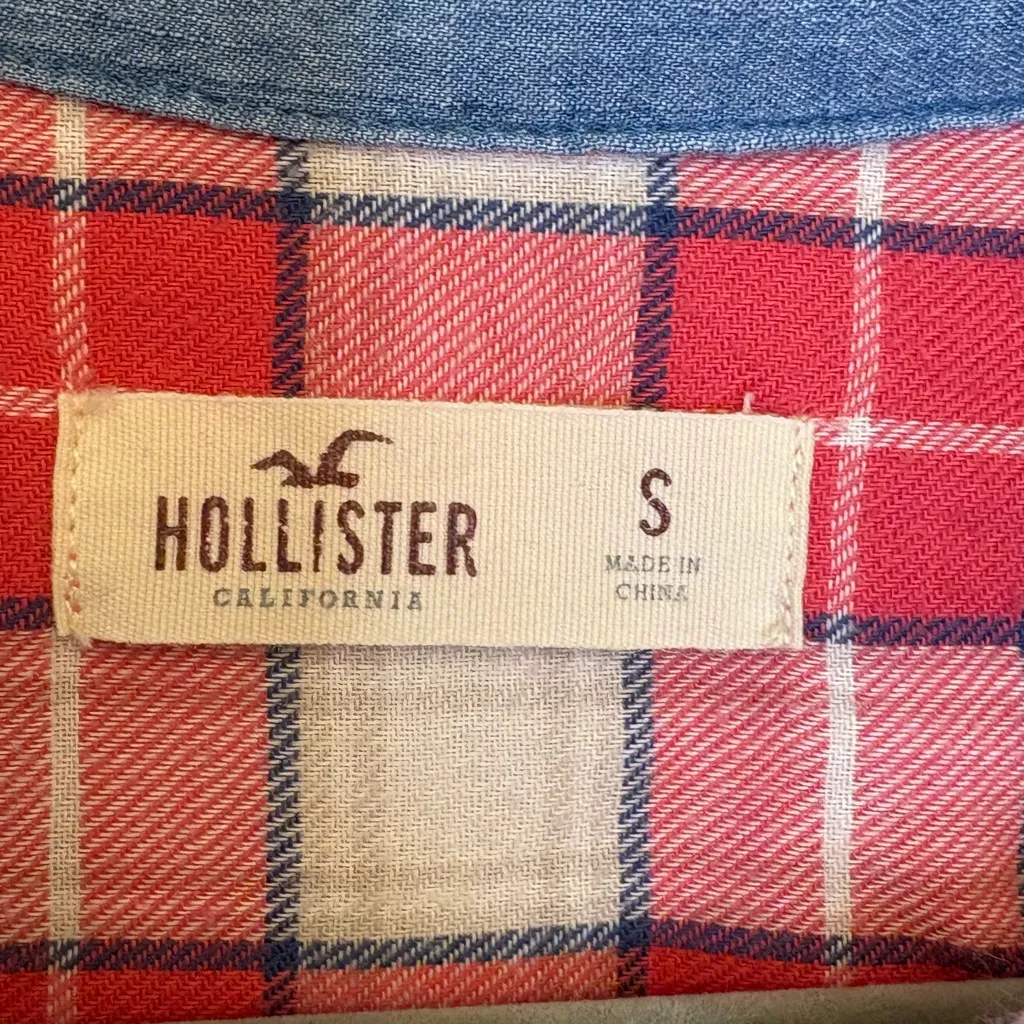 Hollister Pink Red Plaid Flannel Shirt | Soft Button Front Cozy Preppy Small - Image 3