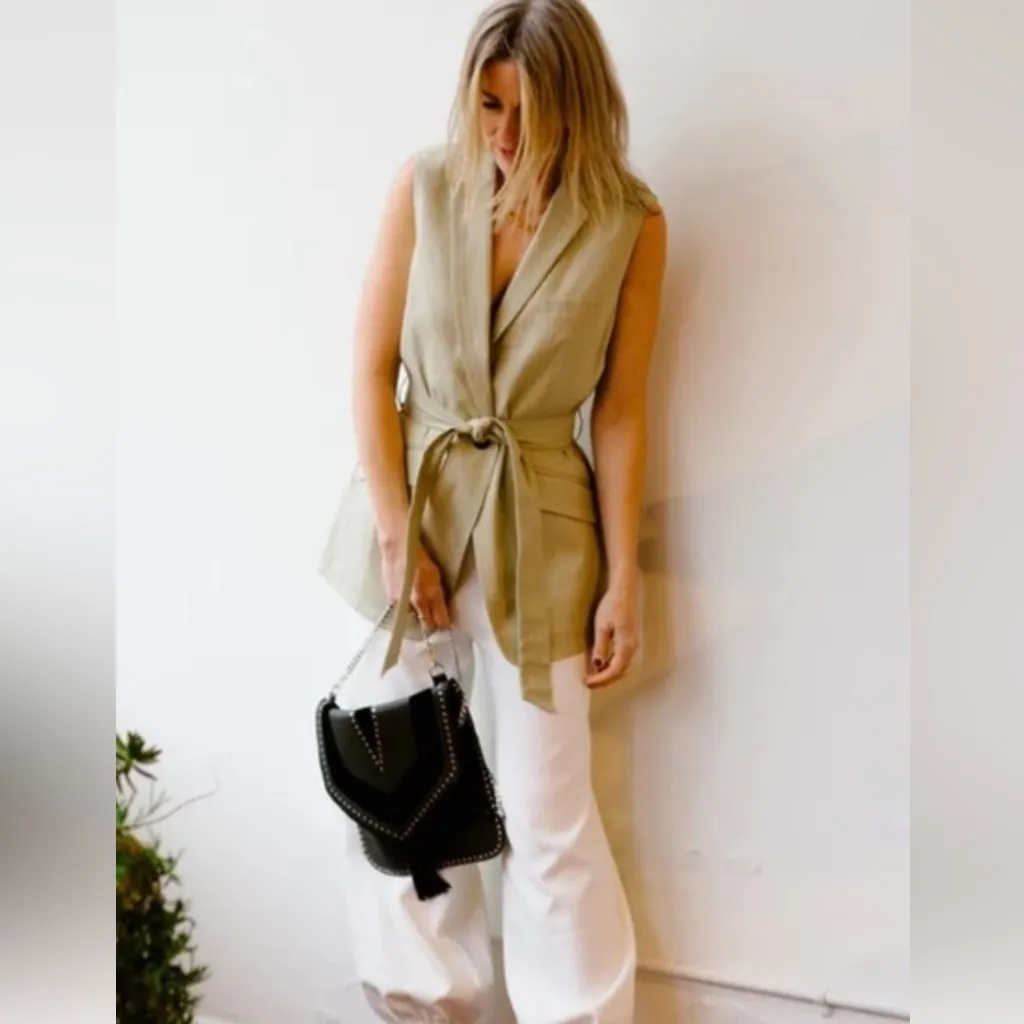 Rag & Bone Margot Sleeveless Belted Linen Blazer in Beige Light Sage Size 4 - Image 3