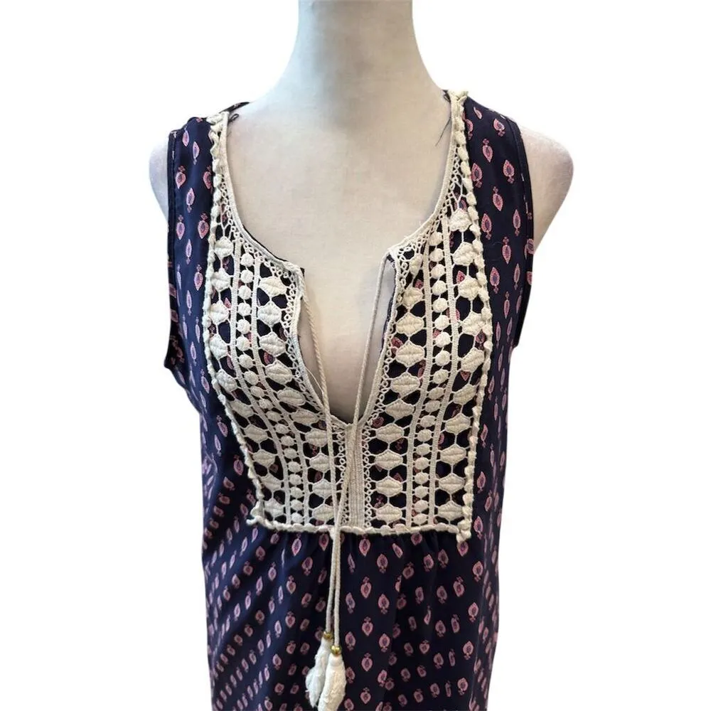 Women's Bohemian A-Line Dress S Blue Geometric Embroidered V-Neck - Image 3