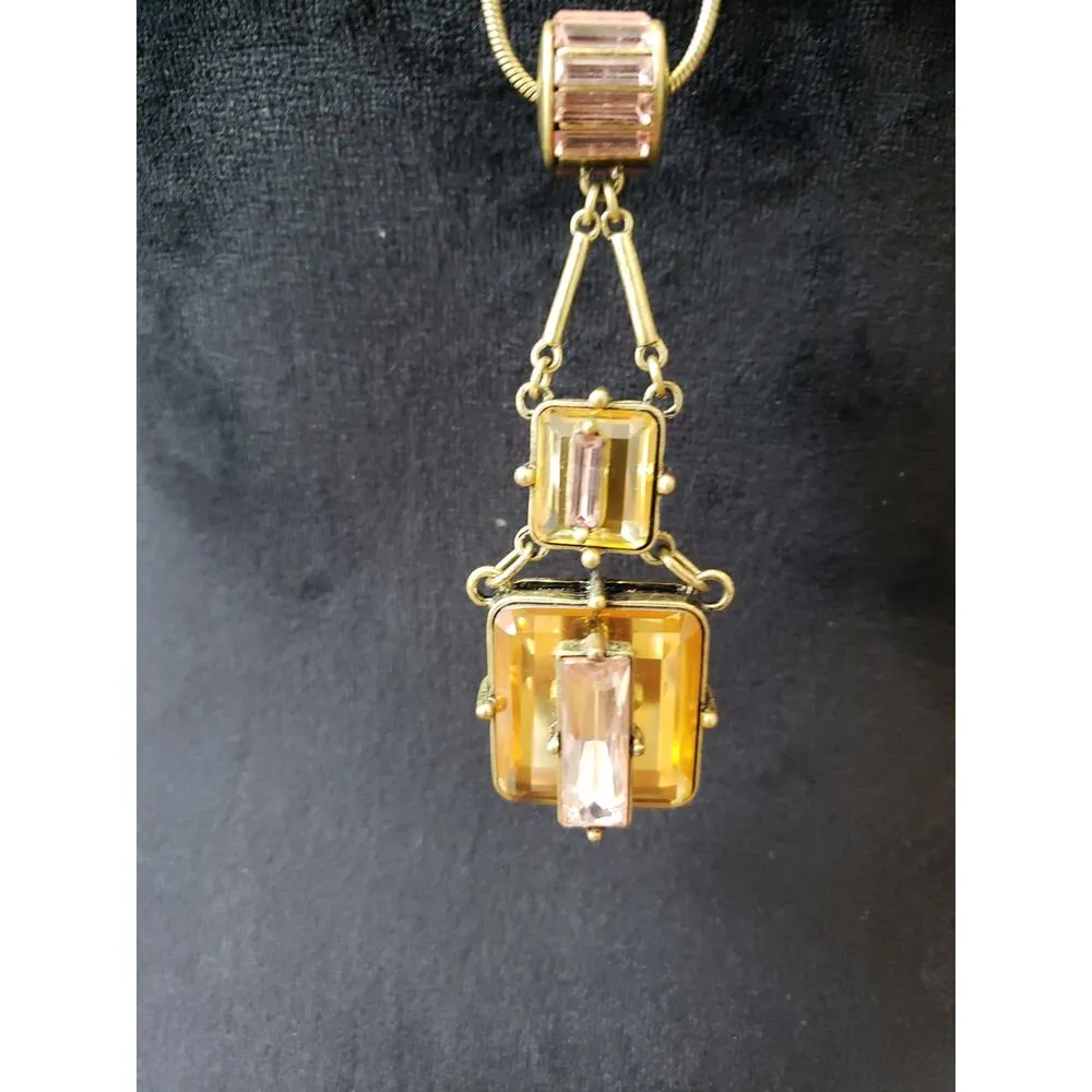 Women Lane Bryant Signed Yellow Pink Glass Drop Necklace Art Deco Style - Image 5