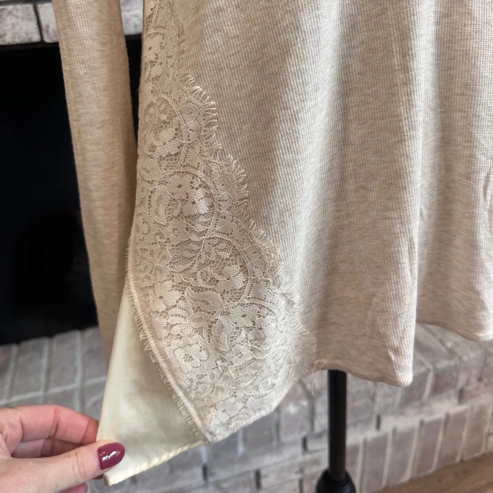 BORDEAUX Womens Long Sleeve Lace Trim Tunic Top Shirt Beige Size S Boho - Image 4