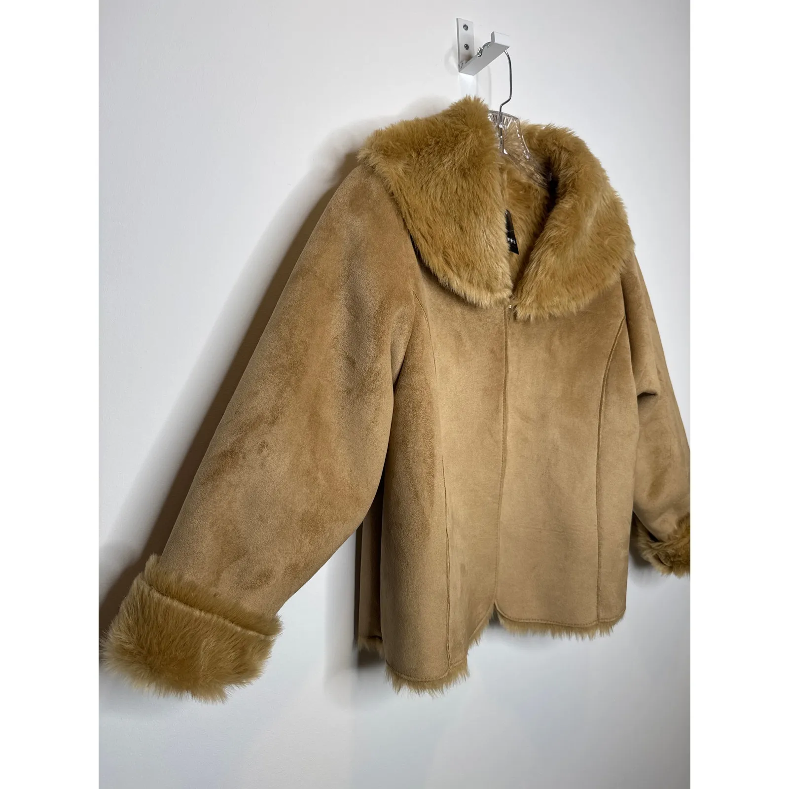 NWT Mixit Retro Faux Suede Fur large shawl collar Jacket coat Camel Brown large - Image 5