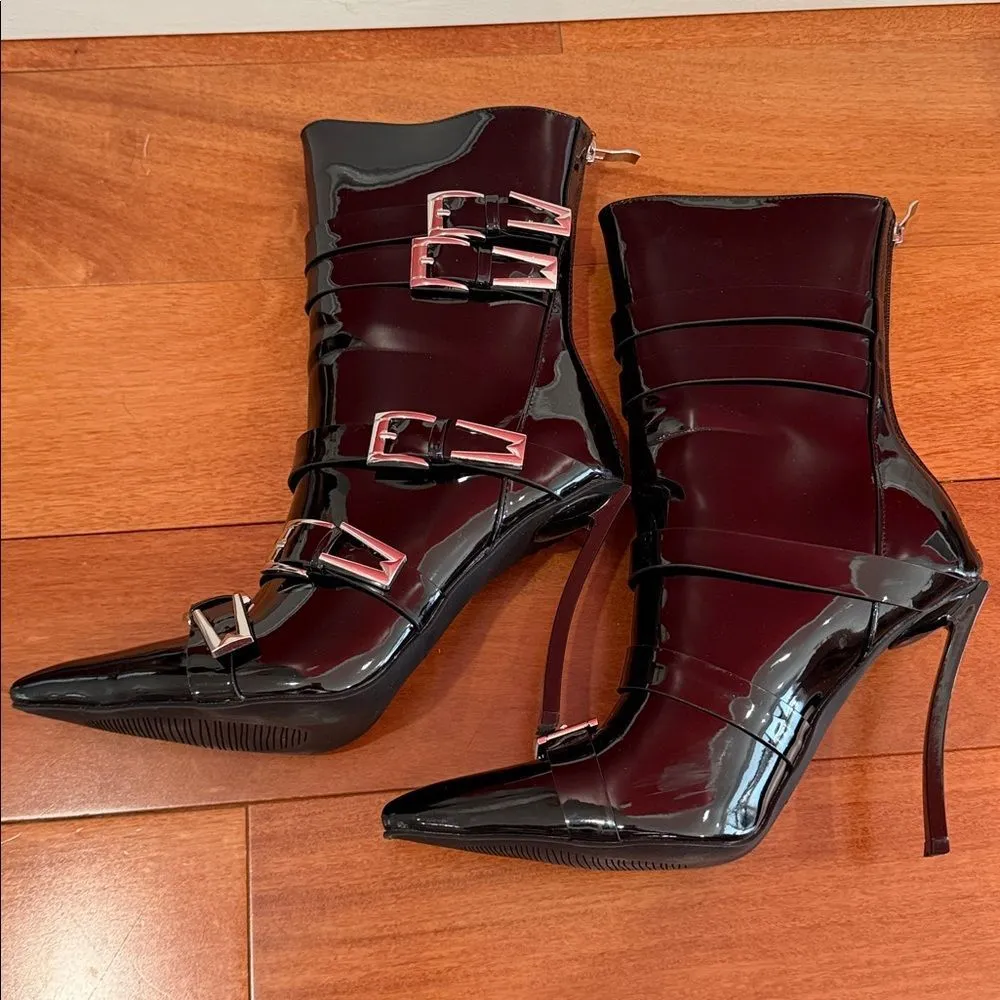 NWT Azalea Wang Chatty Buckle‎ Detail Bootie In Black Black Patent Size 9 - Image 6