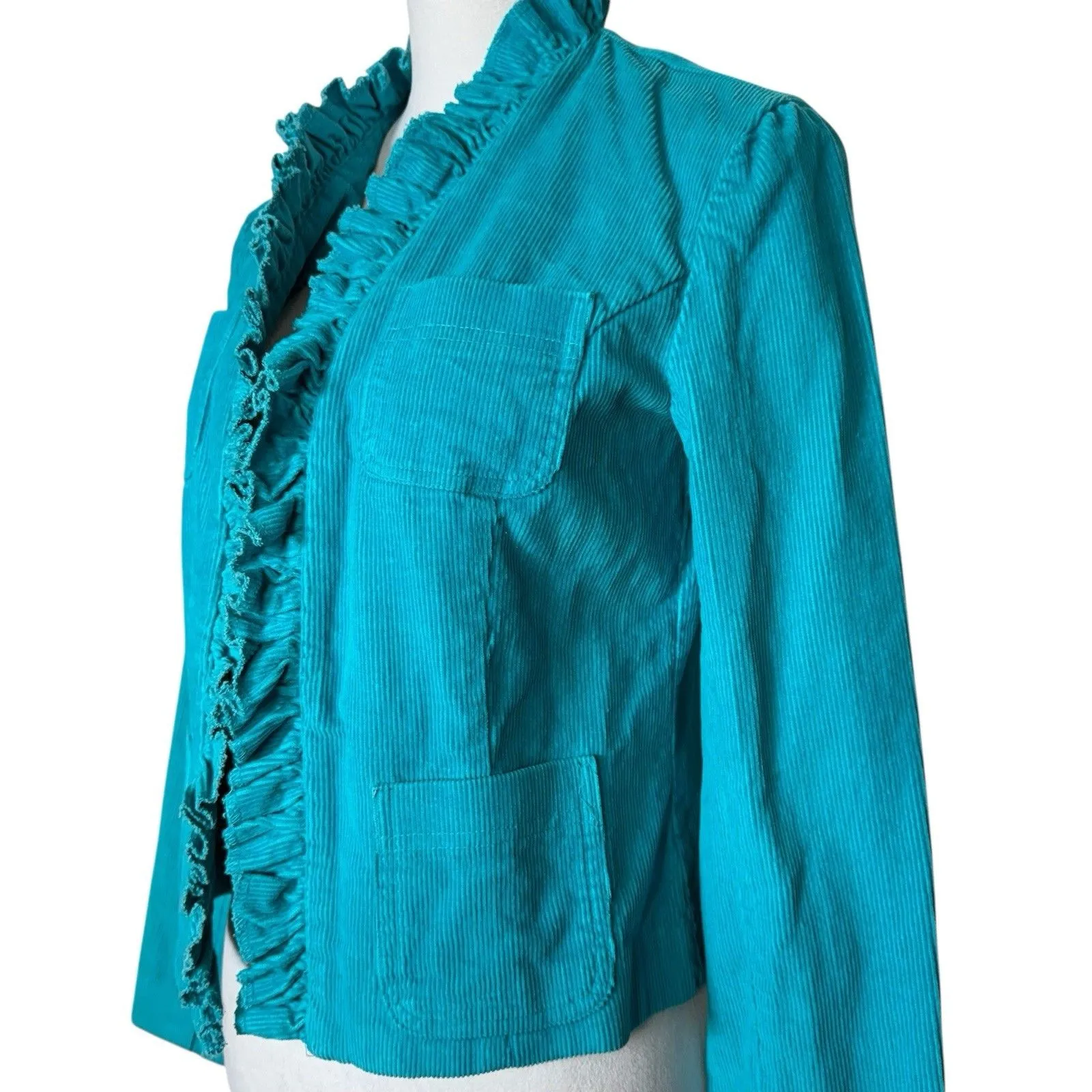 Vintage Y2K Blue Corduroy Jacket Blazer Size S Ruffle Trim Pockets Fairy Preppy - Image 3