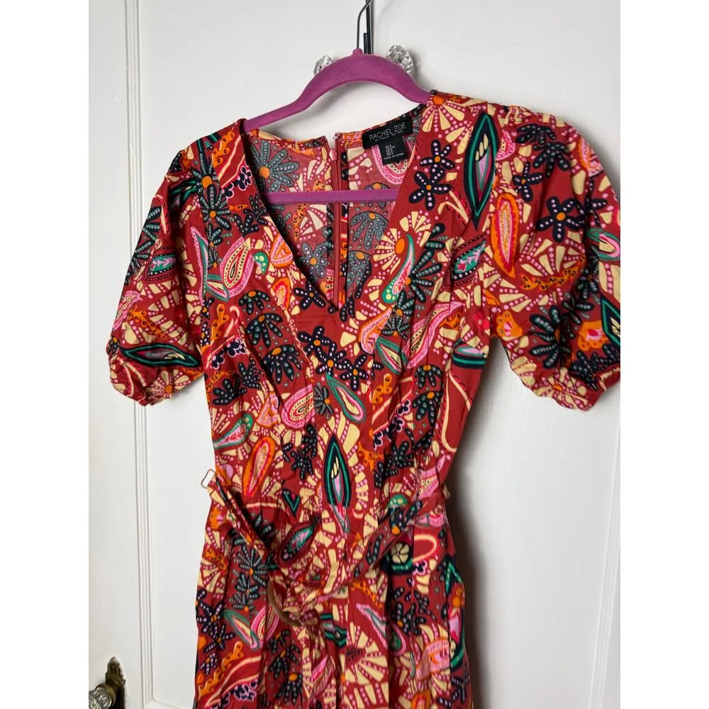 Rachel Zoe Romper Women's S Red Paisley Belt Puff Tropical Boho Resort Coastal - Image 2