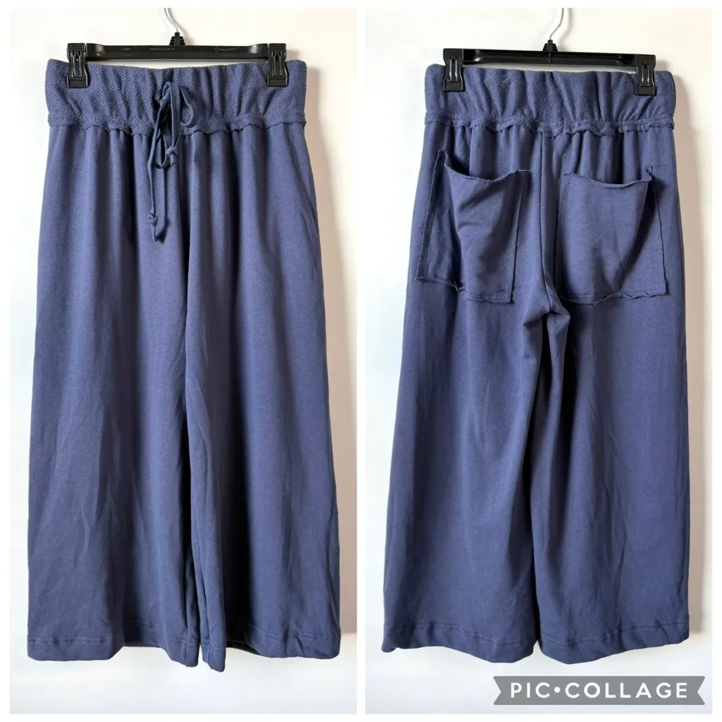 Free People Beach Cropped Wide Leg Terry Pants Celestial Indigo Blue XS - Image 4