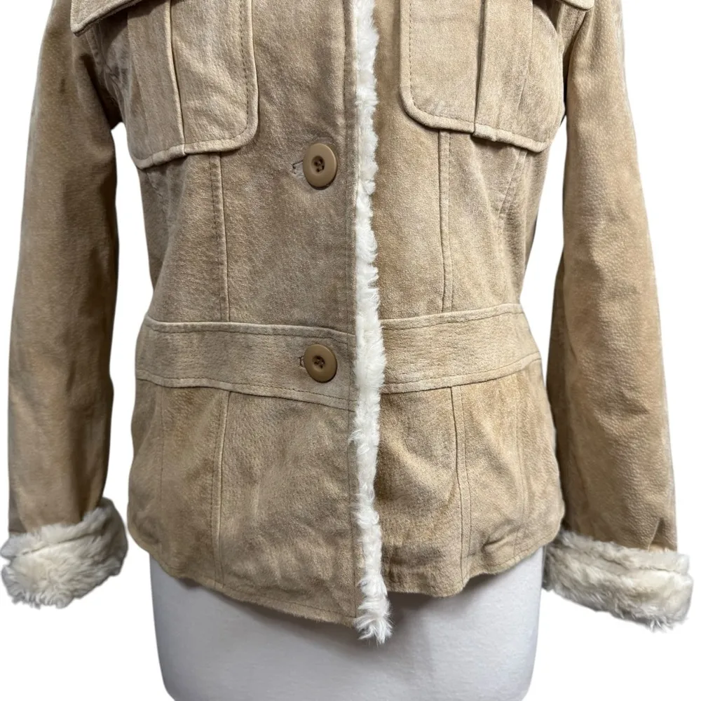 Women's Wilsons Leather Maxima Beige Suede Leather Jacket with Fur Trim - Size S - Image 3