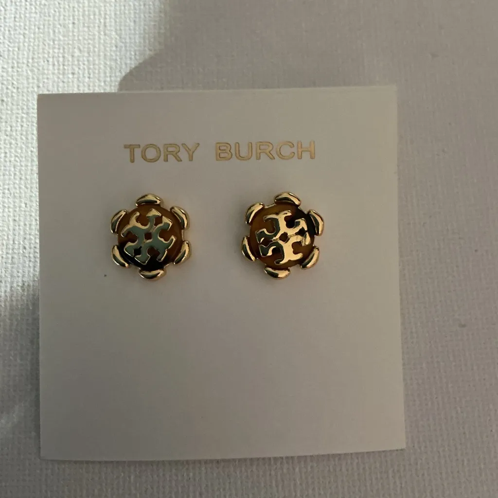 Tory Burch Gold Logo Stud Earrings Classic Designer - Image 3