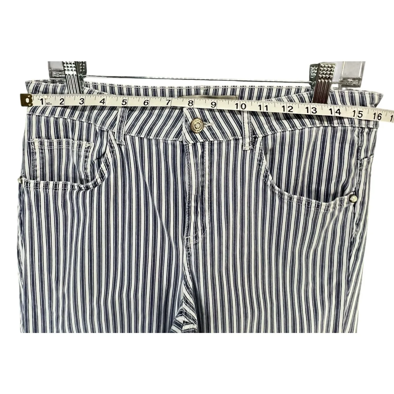 Zara Basic Z1975 Denim Jeans Women 12 Blue White Railroad Stripe Raw Hem Stretch - Image 5