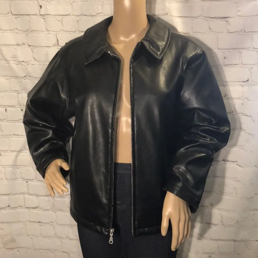 Vintage 1990s Y2K Andy Johns Faux Leather Black Bomber Jacket Medium Runs Small Size undefined - Image 2