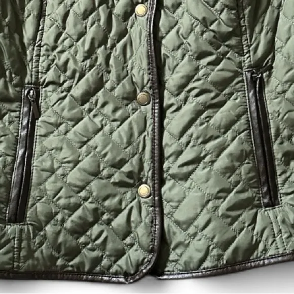 CHARTER CLUB GREEN QUILTED VEGAN BROWN LEATHER TRIM BARN JACKET S - Image 4