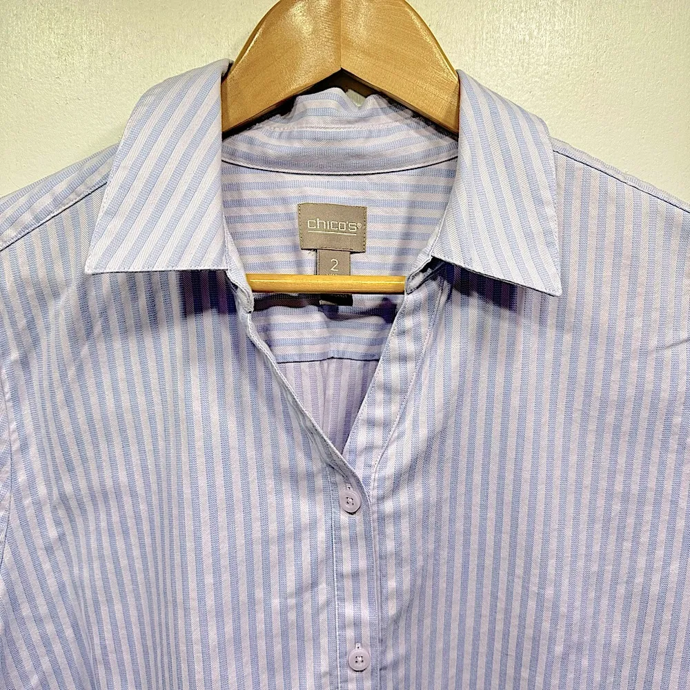 Chico’s Pale Blue Striped Button & Knotted Front 3/4 Sleeve Oxford Shirt Sz 2/L - Image 2
