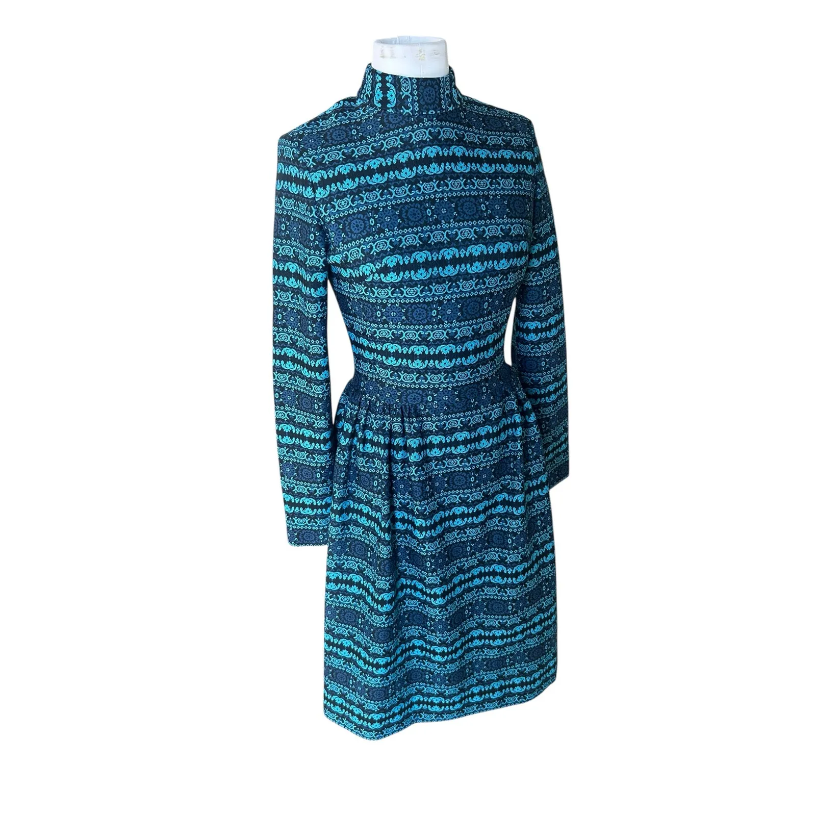 Vintage 70s Dress Blue Patterned Knit Midi Fit & Flare Long Sleeves Small S Bold - Image 10