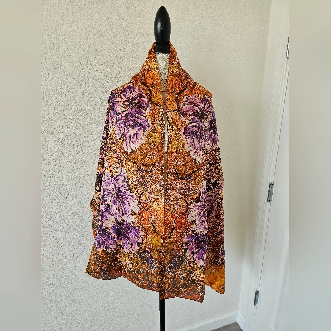Ed Gal Orange Purple Flower Black Splatter Long Neck Scarf Wrap - Image 4