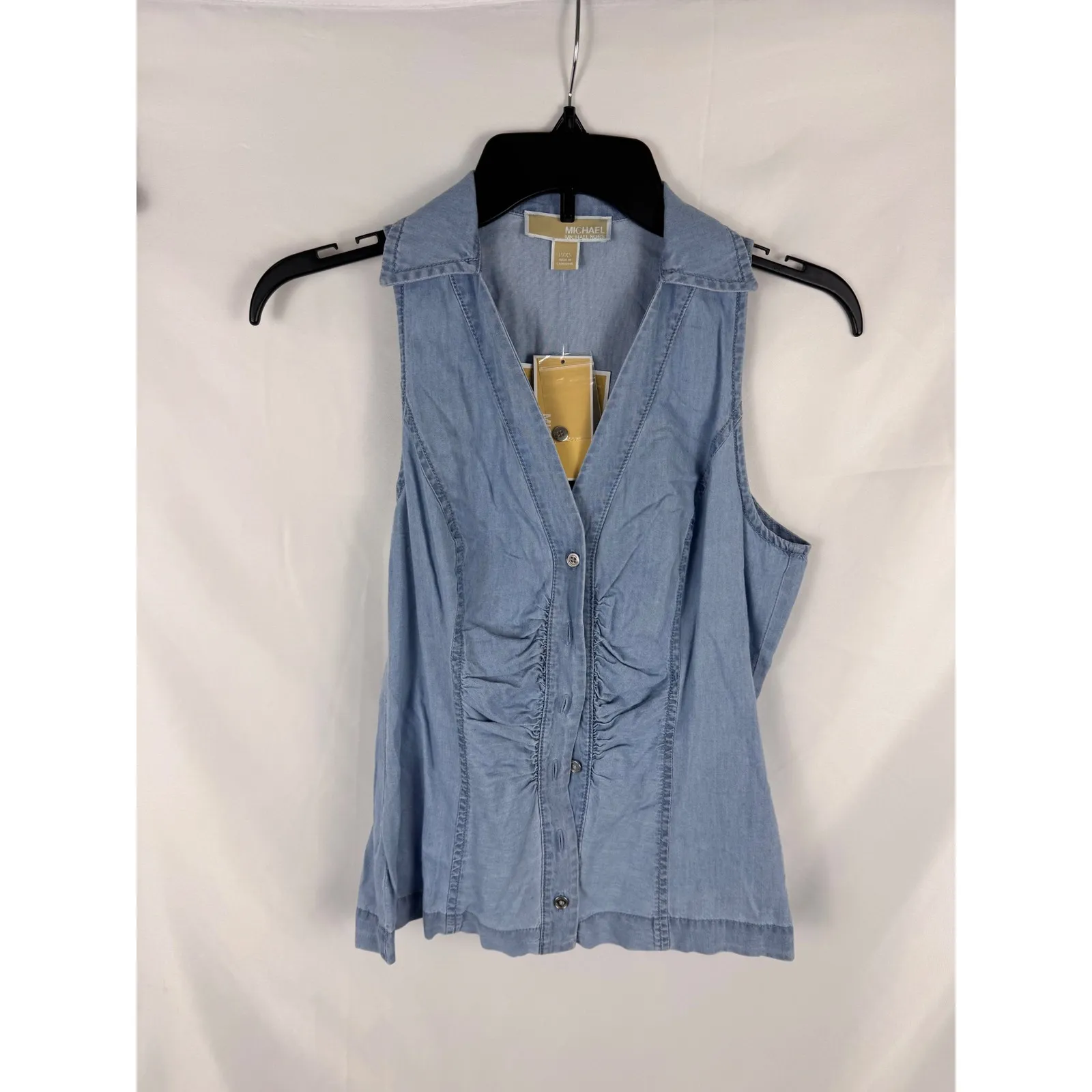 Michael Kors Chambray Sleeveless Top Ruched Button Down Collar Light Blue‎ - Image 3